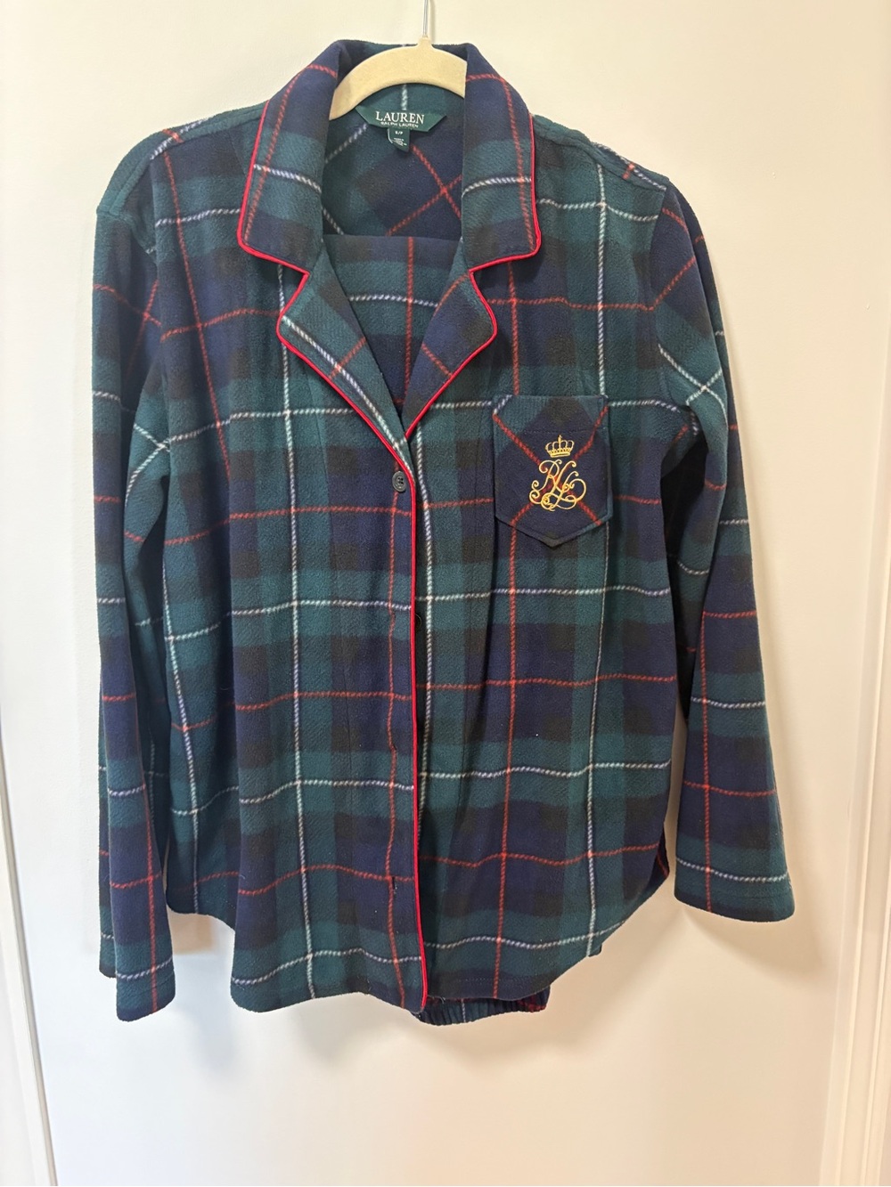 Ralph Lauren 2 Piece Pajama Set Embroidered Logo Green Navy Plaid Tartan Small